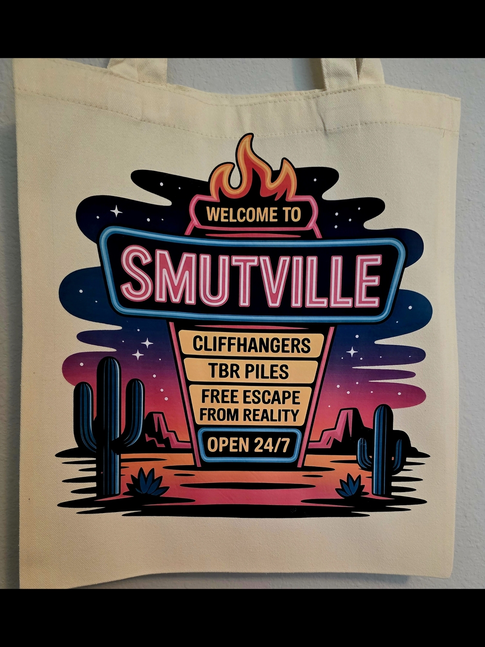 Smutville Graphic Tote Bag - Cream with Pink & Blue Print